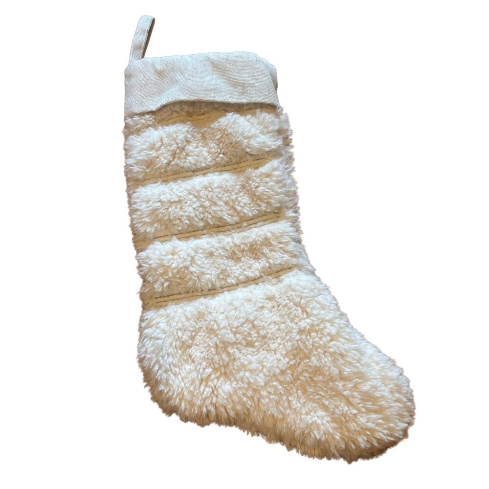 Cozy Cream Faux Fur Christmas Stocking with Linen Cuff – Home Décor‎ 20"